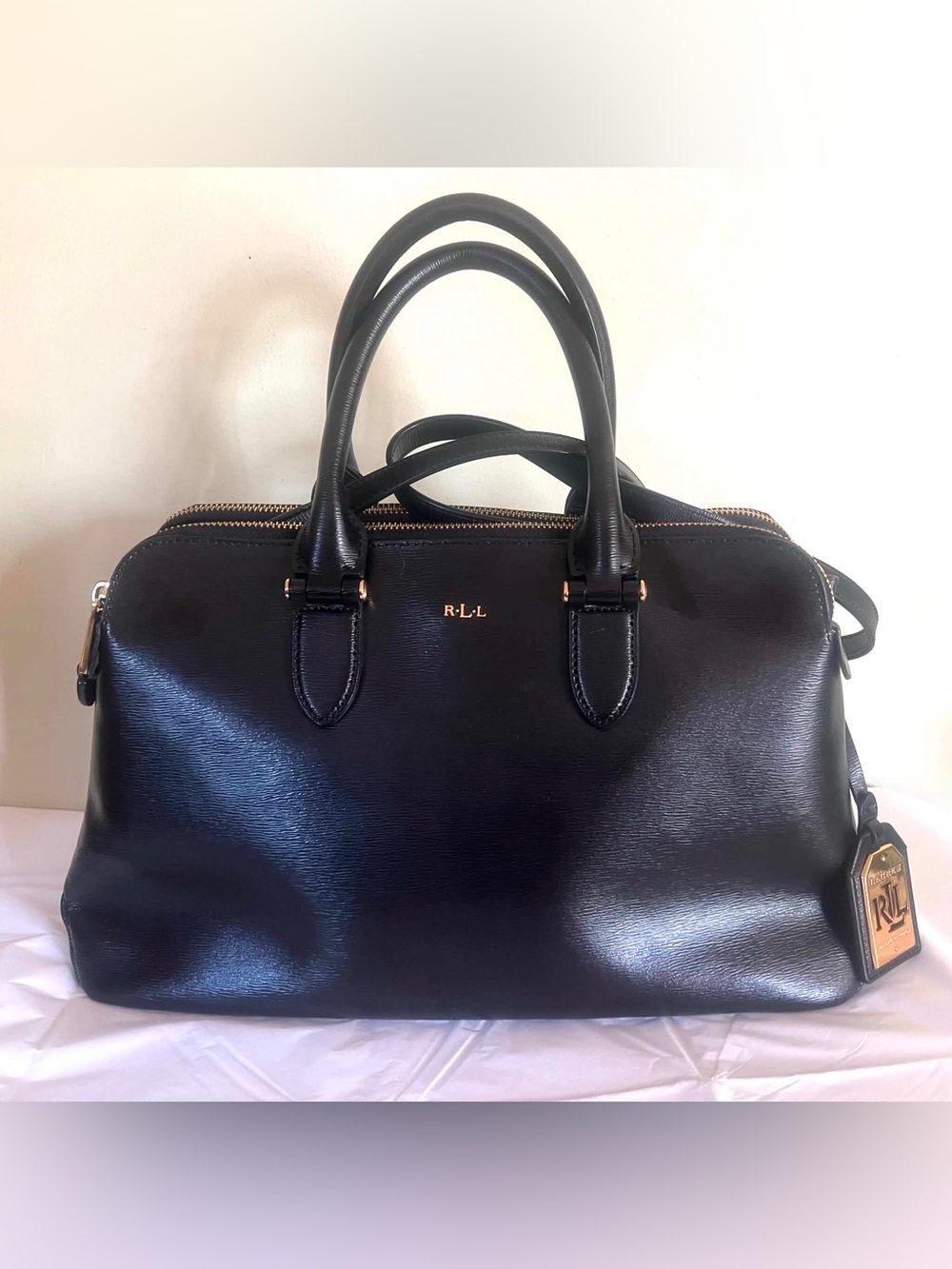 Ralph Lauren Black Leather Satchel with Gold Logo Tag Accent - Picture 10 of 13